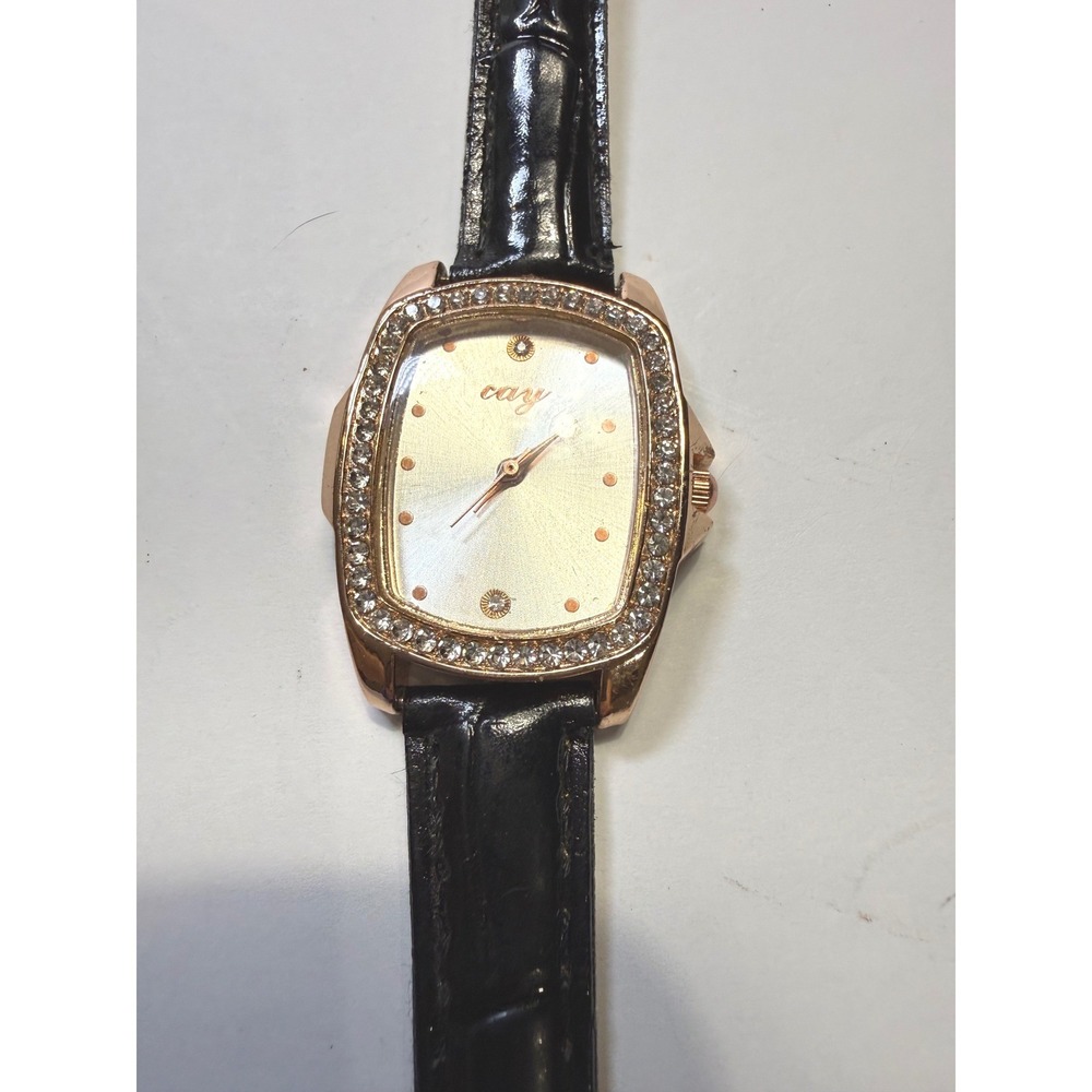 Cay Rose Gold Rhinestone Bezel Watch Black Croc Embossed‎ Strap Silver Dial